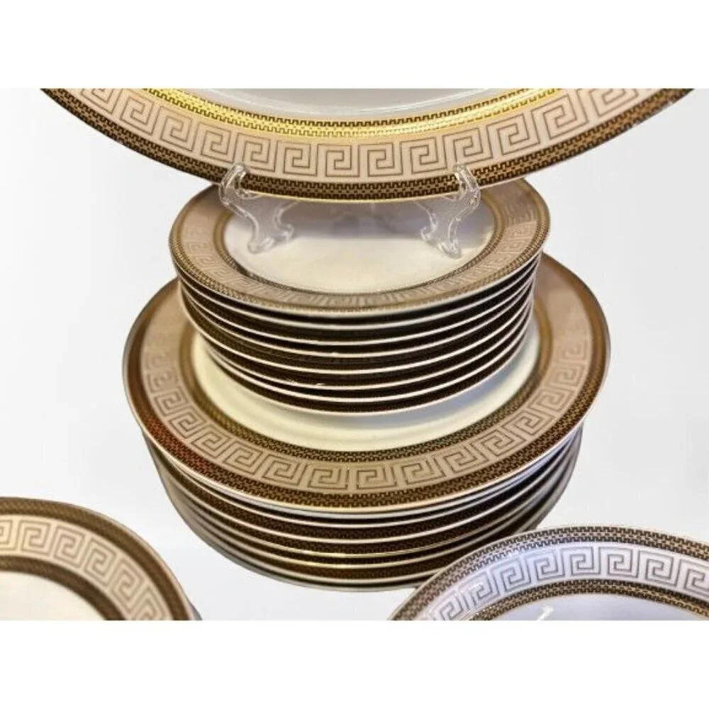 28 Piece Vintage Chattanooga Dining Set with Gold Greek Key Accents